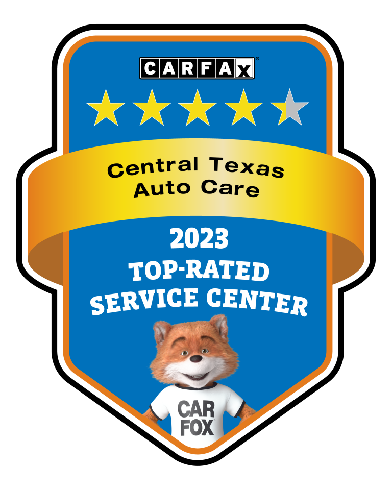 2023 Top-Rated Service Center Badge featuring Car Fox for Central Texas Auto Care.